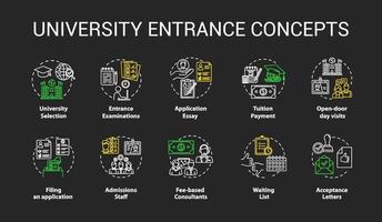 Conjunto de iconos de concepto de tiza de entrada a la universidad. selección de academias, preparación de documentos, exámenes e idea de admisión. vector ilustración de pizarra aislada