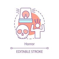 Horror concept icon. Danger idea thin line illustration. Nightmare. Scary skull. Dangerous area. Hazard. Mysterious cruel movie. Terrible accident. Vector isolated outline drawing. Editable stroke