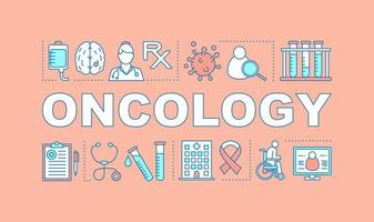 Oncology word concepts banner. Cancer disease diagnostic and treatment. Clinical researches. Healthcare. Presentation, website. Isolated lettering typography idea, icons. Vector outline illustration