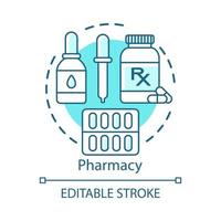 Pharmacy concept icon. Pharmacological products. Medicine, drugs in tablets, drops, capsules. Treatment plan. Drugstore idea thin line illustration. Vector isolated outline drawing. Editable stroke