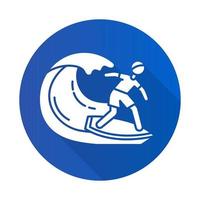 Surfing blue flat design long shadow glyph icon.Watersport, extreme kind of sport. Catching ocean wave, surfer balancing on board. Summer activity and hobby. Vector silhouette illustration