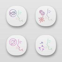 Allergies app icons set. Food, pollen, bacteria intolerance. Allergen sources. Allergic diseases. Medical problem. Web or mobile applications. Vector isolated illustrations