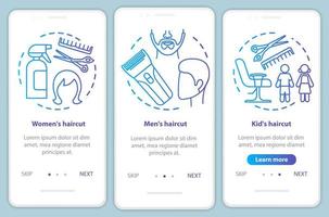 Hairdressing salon services blue onboarding mobile app page screen vector template. Women and men haircut. Walkthrough website steps with linear illustrations. UX, UI, GUI smartphone interface concept