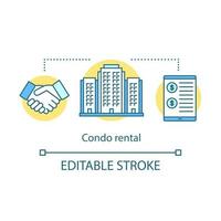 Condo rental concept icon. Property deal. Handshake, high-rise building, contract. Condominium leasing idea thin line illustration. Vector isolated outline drawing. Editable stroke