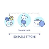 icono del concepto de generación x. el empresario va a trabajar. tiempo de trabajo. hombre con carpeta, maletín, reloj, engranajes. Ilustración de línea fina de idea de plan de jornada laboral. dibujo de contorno aislado vectorial. trazo editable vector