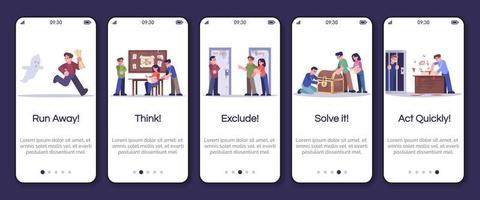 Escape room onboarding mobile app screen vector template. Run away, think, exclude, solve it, act quickly. Walkthrough website steps with flat characters. UX, GUI smartphone cartoon interface concept