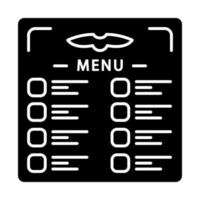 Flight menu glyph icon. Airplane nutrition. Aircraft meal. Plane dinner. Restaurant lunch. Aviation service. Aircraft travel. Journey. Silhouette symbol. Negative space. Vector isolated illustration