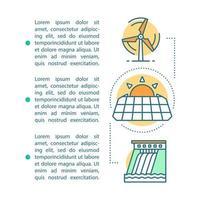 Alternative energy technologies article page vector template. Wind, solar, hydro electricity. Brochure, magazine, booklet design element with linear icons and text. Print design. Concept illustrations