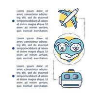 viaje en avión con plantilla de vector de página de artículo para mascotas. transporte de perros, gatos. folleto, elemento de diseño de folleto con iconos lineales y cuadros de texto. diseño de impresión. ilustraciones de concepto con espacio de texto