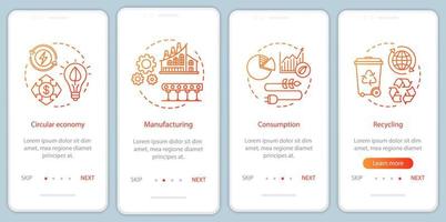 Circular economy onboarding mobile app page screen with linear concepts. Manufacturing, consumption, recycling walkthrough steps graphic instructions. UX, UI, GUI vector template with illustrations