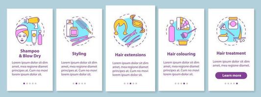 Servicios de peluquería incorporación de la pantalla de la página de la aplicación móvil con conceptos lineales. instrucciones gráficas de los pasos del tutorial de peinado del cabello. ux, ui, plantilla de vector de interfaz gráfica de usuario con ilustraciones