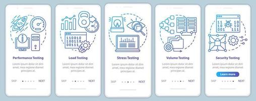 Non-functional software testing onboarding mobile app page screen vector template. Program analysis. Walkthrough website steps with linear illustrations. UX, UI, GUI smartphone interface concept