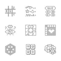 Conjunto de iconos lineales de rompecabezas y acertijos. sudoku. cuestionario de trivia. nonograma. ilusión óptica. rompecabezas. acertijo. símbolos de contorno de línea fina. ilustraciones de contorno de vector aislado. trazo editable