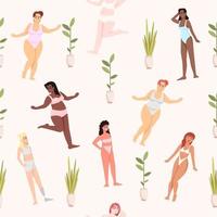 Body positive flat vector seamless pattern. White background with multicultural women in swimwear texture. Feminism. Plus size models. Smiling girls. Wrapping paper, wallpaper design with characters