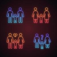 Child custody neon light icons set. Parenthood. LGBT families. Same sex parenting, divorce, child custody evaluation. Glowing signs. Vector isolated illustrations