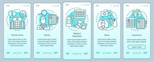 pantalla de la página de la aplicación móvil de incorporación de medicina y atención médica con conceptos lineales. atención médica, tratamiento del paciente. hospital. pasos instrucciones gráficas. ux, ui, plantilla de vector de interfaz gráfica de usuario con ilustraciones