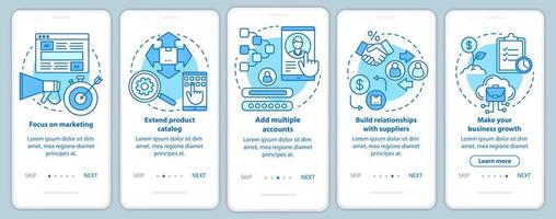 Dropshipping blue onboarding mobile app page screen with linear concepts. Focus on marketing, add multiple accounts walkthrough steps graphic instructions. UX, UI, GUI vector template with icons