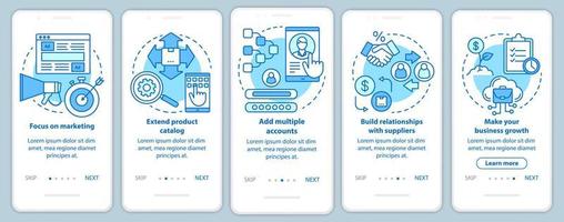 pantalla de la página de la aplicación móvil de incorporación azul de dropshipping con conceptos lineales. concéntrese en el marketing, agregue varias cuentas, pasos de tutorial, instrucciones gráficas. ux, ui, plantilla de vector de interfaz gráfica de usuario con iconos