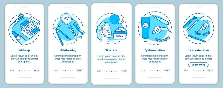 Beauty salon services blue onboarding mobile app page screen with linear concepts. Makeup, hairdressing parlor walkthrough steps graphic instructions. UX, UI, GUI vector template with illustrations