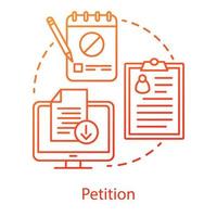 Petition concept icon. Internet signature collection idea thin line illustration. Computer, clipboard and notepad vector isolated outline drawing. Modern protest, public opinion demonstration