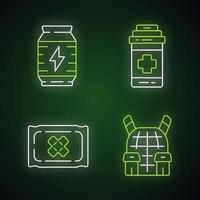 Online game inventory neon light icons set. Energy drink, painkiller, medical bandage, body armor. Shooter game equipment, items. Battle royale. Glowing signs. Vector isolated illustrations