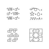 Puzzles and riddles linear icons set. Rebus. Block puzzle, tile matching. Jigsaw. Logic games. Brain teaser. Thin line contour symbols. Isolated vector outline illustrations. Editable stroke