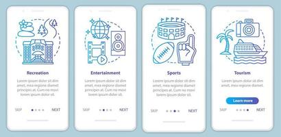 Recreation industries blue onboarding mobile app page screen vector template. Sports, tourism, entertainment. Walkthrough website steps with linear icons. UX, UI, GUI smartphone interface concept