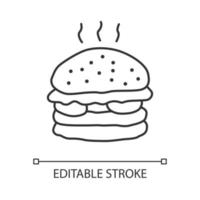 Delicious burger linear icon. Tasty hamburger thin line illustration. Unhealthy nutrition, harmful eating, takeaway service contour symbol. Fast food vector isolated outline drawing. Editable stroke