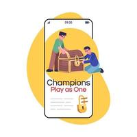 Champions play as one social media post smartphone app screen. Logic game, searching treasure. Mobile phone display with cartoon characters design mockup. Quest room application telephone interface vector