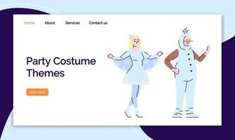 Party costumes themes landing page vector template. Holiday website interface idea, flat illustrations. Fabulous clothing homepage layout. Snowflake, snowman suits web banner, webpage cartoon concept