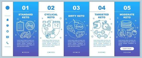 Types of keto diets blue onboarding mobile web pages vector template. Responsive smartphone website interface idea with linear illustrations. Webpage walkthrough step screens. Color concept