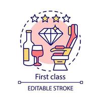 First class concept icon. Passenger seat idea thin line illustration. Aircraft travel class seating. Glass of champagne. Airplane cabin. Vector isolated outline drawing. Editable stroke