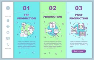 Video production onboarding mobile web pages vector template. Film making. Responsive smartphone website interface idea with linear illustrations. Webpage walkthrough step screens. Color concept