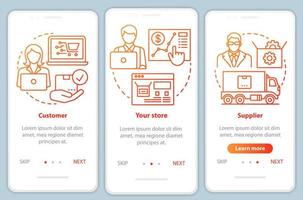 Dropshipping process red onboarding mobile app page screen vector template. Customer, store, supplier. Walkthrough website steps with linear illustrations. UX, UI, GUI smartphone interface concept