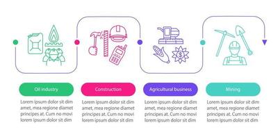 plantilla de infografía de vector de producción. industria petrolera, construcción, agropecuaria, minería. elementos de presentación. pasos y opciones de visualización de datos. gráfico de la línea de tiempo del proceso. diseño del flujo de trabajo