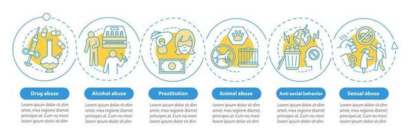 Behavioral problems vector infographic template. Drug and alcohol abuse, prostitution, sexual harassment. Data visualization with six steps. Process timeline chart. Workflow layout with linear icons