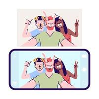 Ilustración de vector plano selfie. los amigos toman una foto animada de uno mismo. imagen con elementos de cara de animales. Aplicación de selfie para teléfono inteligente con personaje de dibujos animados de filtro de máscara con elementos de contorno sobre fondo blanco