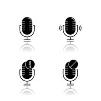 Microphone connection problems drop shadow black glyph icons set. Sound recording mistake idea. Voice record equipments. Podcast technology. Portable mics. Isolated vector illustrations