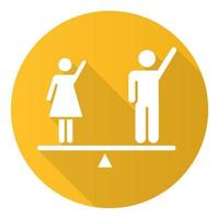 Gender equality yellow flat design long shadow glyph icon. Woman and man human right. Female and male balancing on scale. Justice, equality, empowerment. Social unity. Vector silhouette illustration