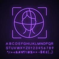 3d face ID scanner neon light icon. Facial recognition. Identity authentication process. 360-degree face scanning. Glowing sign with alphabet, numbers and symbols. Vector isolated illustration
