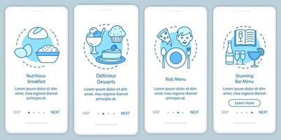 Food service onboarding mobile app page screen vector template. Restaurant, cafeteria menu. Walkthrough website steps with linear illustrations. UX, UI, GUI smartphone interface concept