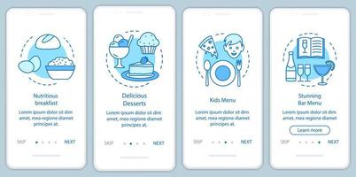 Plantilla de vector de pantalla de página de aplicación móvil de incorporación de servicio de alimentos. restaurante, menú de cafetería. paso a paso del sitio web con ilustraciones lineales. concepto de interfaz de teléfono inteligente ux, ui, gui