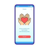 Charity app smartphone interface vector template. Make donation online. Mobile fundraising application page blue design layout. Volunteering, sponsorship. Flat UI. Phone display with hands hold heart