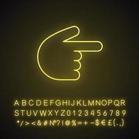 Backhand index pointing right neon light icon. Turn right finger pointer. Hand gesture emoji. Glowing sign with alphabet, numbers and symbols. Vector isolated illustration