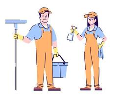 Cleaners couple flat vector characters. Woman and man janitors, housekeepers cartoon illustration with outline. Housekeeping, housework chores. Cleaning service workers isolated on white background