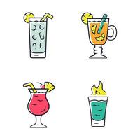 Drinks color icons set. Cocktail in highball glass, hot toddy, pina colada, flaming shot. Alcoholic mixes and soft drinks. Refreshing and warming beverages. Isolated vector illustrations