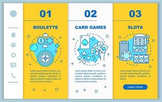 Casino games onboarding mobile web pages vector template. Roulette, slots, card games. Responsive smartphone website interface idea with linear icons. Webpage walkthrough step screens. Color concept