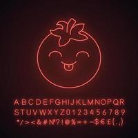 Tomato cute kawaii neon light character. Vegetable with smiling face. Happy food. Funny emoji, emoticon, smile. Glowing icon with alphabet, numbers, symbols. Vector isolated illustration