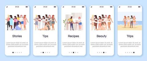 Body positive onboarding mobile app screen vector template. Stories, tips and recipes. Beauty and trips. Walkthrough website steps, flat characters. UX, UI, GUI smartphone cartoon interface concept