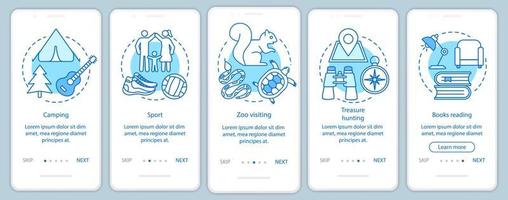 tiempo en familia juntos incorporando la pantalla de la página de la aplicación móvil con conceptos lineales. deporte y camping. instrucciones gráficas de cinco pasos de tutorial. visita al zoológico. ux, ui, plantilla de vector de interfaz gráfica de usuario, ilustraciones